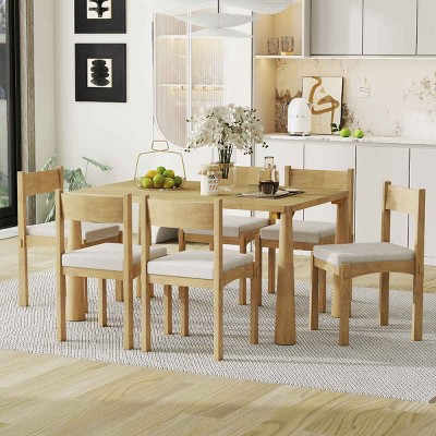7 PCS Retro Dining Set for Kitchen, Rectangular Table with MDF Top, Upholstered Chairs with Rubberwood Frame and Cushions-Coolbibila