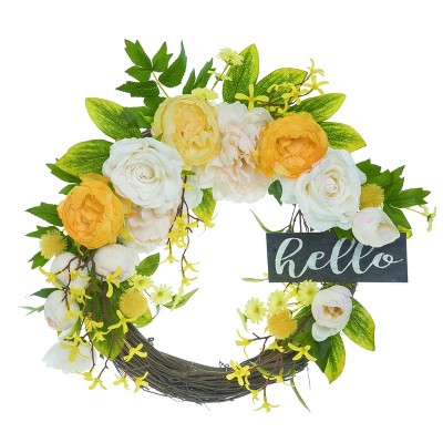 Transpac Fabric/Canvas 20 in. Spring Peony Hello Wreath