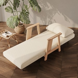 ATJafurn Folding Chair Bed, Modern Convertible Wooden Upholstered Armchair Sleeper Chaise Recliner Sofa Bed for Bedroom Living Room, Beige - 1 of 4