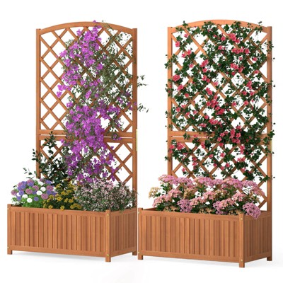 Costway 1/2 PCS 63” Wood Planter Container with Diamond Trellis, Planter Box, Slat Base for Plants