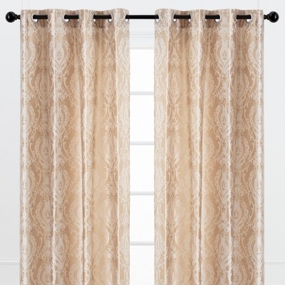 Royal Beige Damask Jacquard Room-Darkening Grommet Curtains