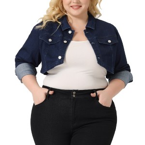 Agnes Orinda Women's Plus Size Classic Denim Long Sleeve Washed Jean Cropped Jacket - 1 of 4