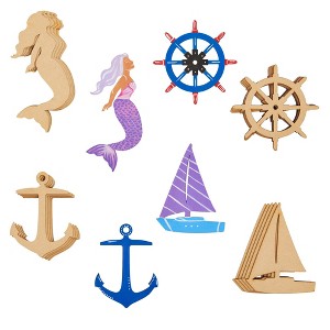 Genie Crafts 24 Pieces Unfinished Nautical Wood Cutouts for Crafts, Wooden Sailboat, Mermaid, Anchor, Ship Wheel for DIY Projects - 1 of 4