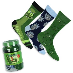 Rick and Morty Men's Pickle Rick 3 Pair Casual Crew Socks in Jar Container Fits Shoe Size 6-12 Green - 1 of 4