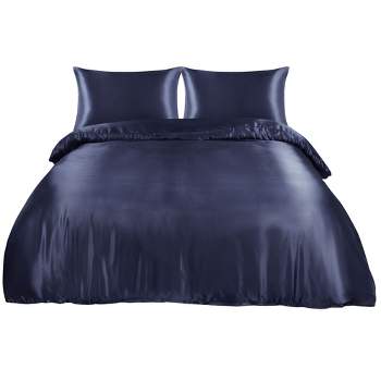 PiccoCasa Silk Satin Solid Reversible Bed Duvet Cover Set 3 Pcs