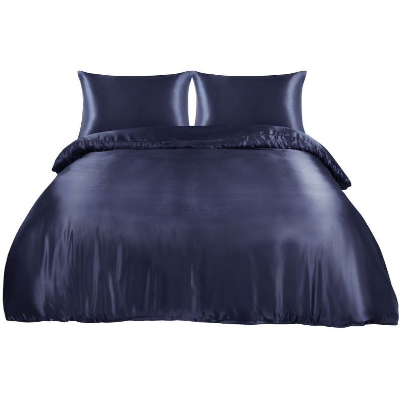 PiccoCasa Silk Satin Solid Reversible Bed Duvet Cover Set 3 Pcs, 1 of 7