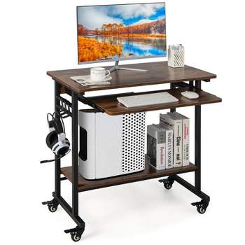 Tangkula Home Office Computer Desk Cart Mobile Laptop Desk with Pull-out Keyboard Tray 3 Hooks & Bottom Storage Shelf
