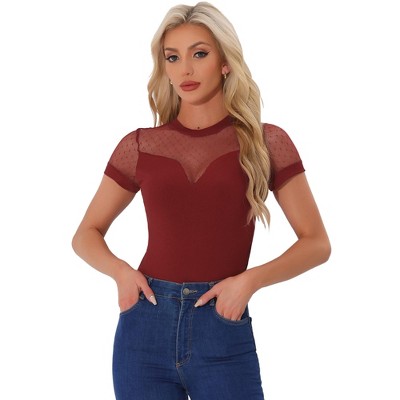 Allegra K Women's Short Sleeve Mesh Panel V-Neck Casual Knit Bodysuit
