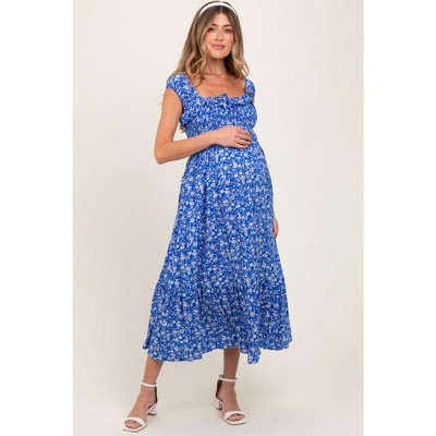 PinkBlush Royal Blue Floral Smocked Ruffle Detail Maternity Midi Dress