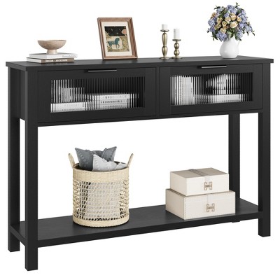 Entryway Table, Wood Console Table with 2 Glass Drawers, 2 Tier Sofa Table with Storage