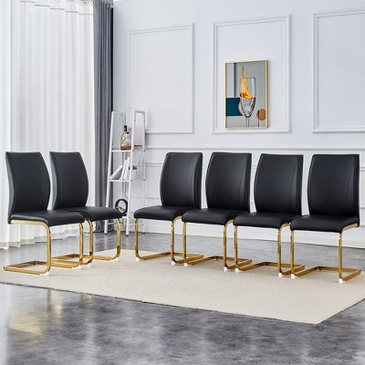 Akoasm Modern Upholstered High Toughness PU Arch Dining Chair Study Chair With Arched Metal Gold Leg Set of 6 For Hotel Living Room & Bedroom-Black