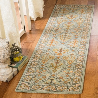 Cream and Blue Wool Hand-Tufted Runner Rug