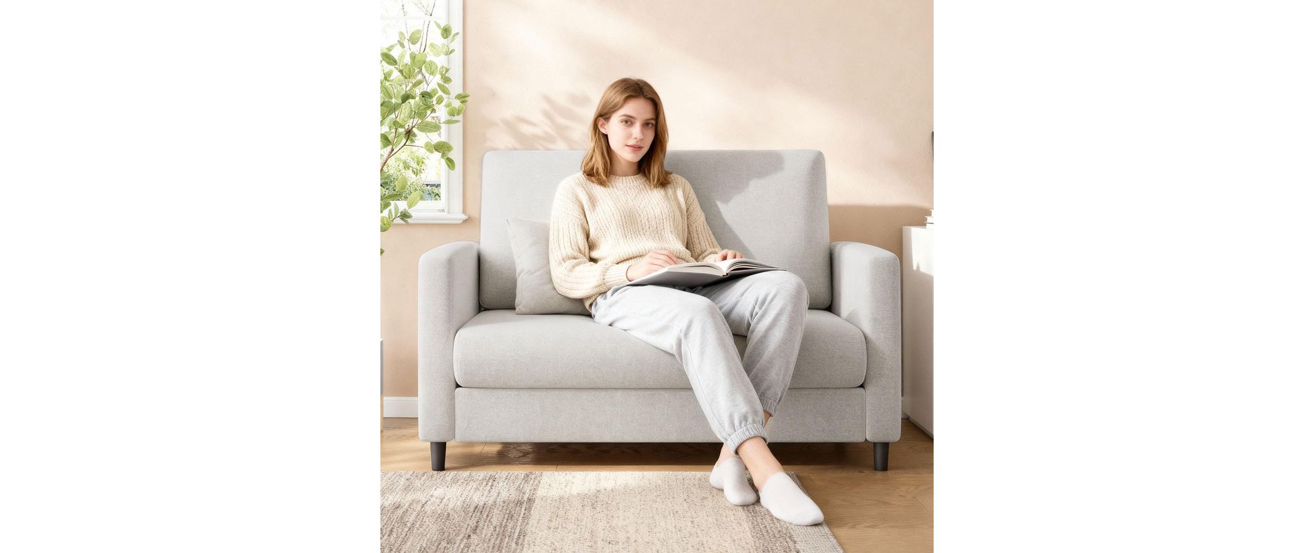 Coolmee Plush Teddy Fabric Loveseat, Small Couch for Small Spaces, No Assembly Required Sofa for Living Room, Bedroom & Apartment