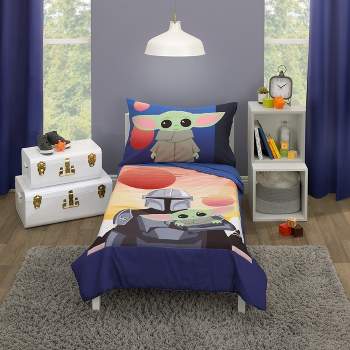 Star Wars The Mandalorian and The Child Grogu Blue, and Yellow, and Orange Din Djarin Twin Suns 4 Piece Toddler Bed Set