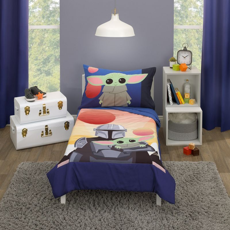 Star Wars The Mandalorian and The Child Grogu Blue, and Yellow, and Orange Din Djarin Twin Suns 4 Piece Toddler Bed Set, 1 of 7