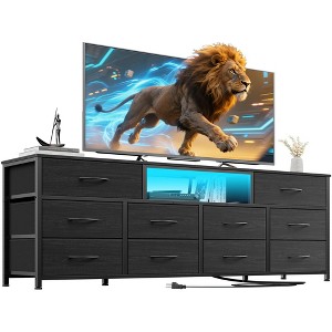 Furnulem 55” Long Dresser for Bedroom TV Stand for 55 to 65 inch TV Black Dresser with 10 Fabric Drawers Chest Center with Power Outlet LED Light - 1 of 4
