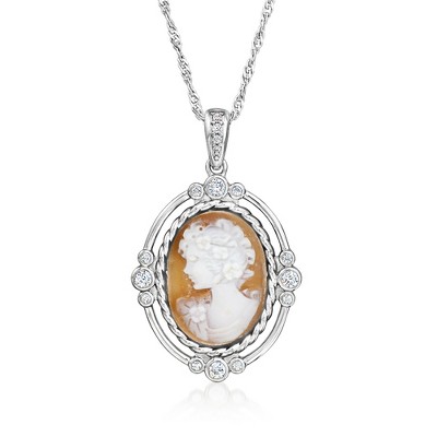 Ross-Simons Italian Orange Agate Cameo Pendant Necklace With .30 ct. t.w. Czs in Sterling Silver Size