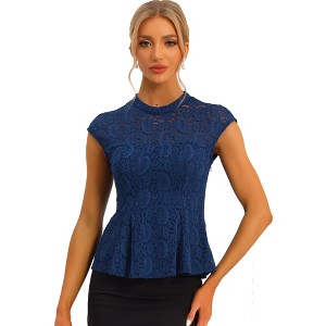 INSPIRE CHIC Women's Mock Neck Cap Sleeve Crochet Lace Peplum Blouse - 1 of 4