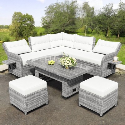Mshliw Outdoor Rattan Furniture Set with Adjustable Table, Recliners, and Movable Ottomans – Weather-Resistant, Patio Sofa Set for Garden & Backyard