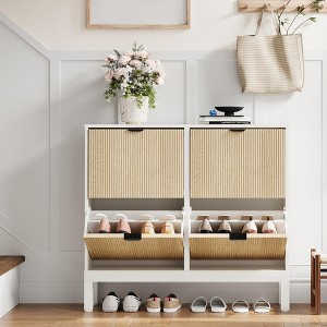 Wooden Fluted Shoe Storage Cabinet with 4 Flip Drawers, Narrow with Metal Legs, Modern Farmhouse Hidden Shoe Rack for Entryway, Hallway - 1 of 4