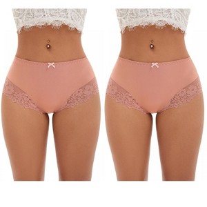 INSPIRE CHIC 2 Pcs Women's Lace Trim High Waist Briefs Seamless Lace Back Underwear Panties - 1 of 4
