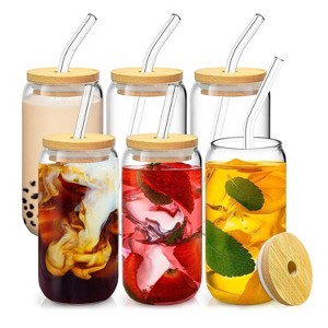 NewHome"6Pcs 16oz Mason Jar Cups with Bamboo Lids, Glass Straws & Cleaning Brush for Iced Drinks & Smoothies"Transparent - 1 of 4