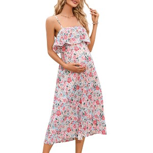 Maternity Dress Womens Spaghetti Strap Floral Maxi Dress Ruffled High Waisted Backless Pleated Dress for Baby Shower - 1 of 4