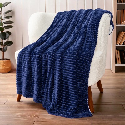 Navy Blue Reversible Sherpa Fleece Throw Blanket