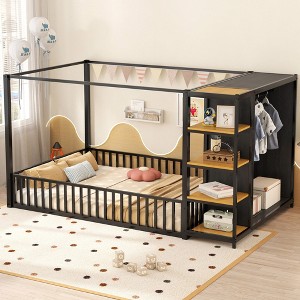 Full Size Floor Bed Frame with Wardrobe and Storage Shelves - 1 of 4