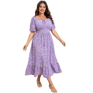 YESFASHION Womens Plus Size Square Neck Floral Print Summer Dress Ruffle Short Sleeve Tie Front Slit Hem Boho Maxi Dress - 1 of 4