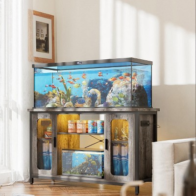 Aheaplus 55-75 Gallon Reversible Fish Tank Stand with Storage Cabinet, Metal Aquarium Stand with Power Outlet & LED Light