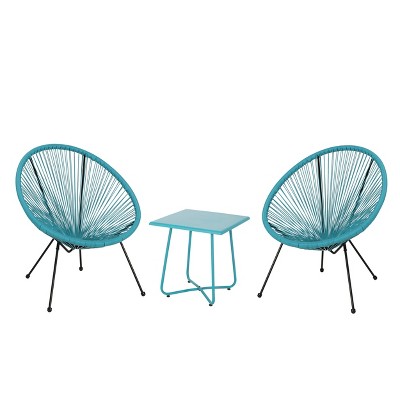 GDFStudio Nusa Outdoor Woven 3 Piece Chat Set, Teal/ Black