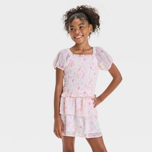Girls' Short Sleeve Smock Chiffon Floral Top - Cat & Jack™ - 1 of 3