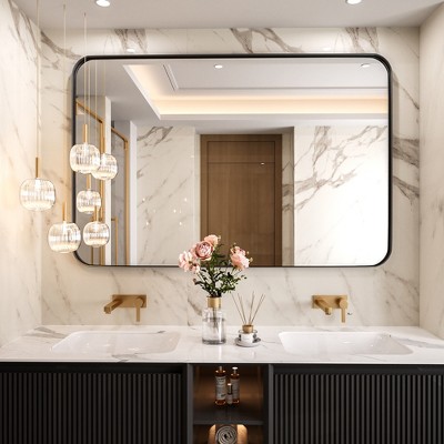 Tempered Glass Rounded Rectangle Framed Wall-Mounted Bathroom Vanity Mirror