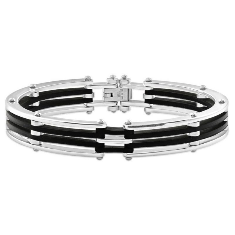 Pompeii3 Men's Steel And Black Silicone Latched 8" 13.5mm " Cuffed Bracelet, 1 of 4