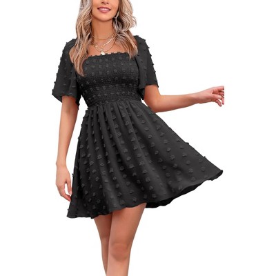 EXLURA Women's Summer Casual Square Neck Dresses Ruffle Short Sleeve Swiss Dot Flowy Mini Dress