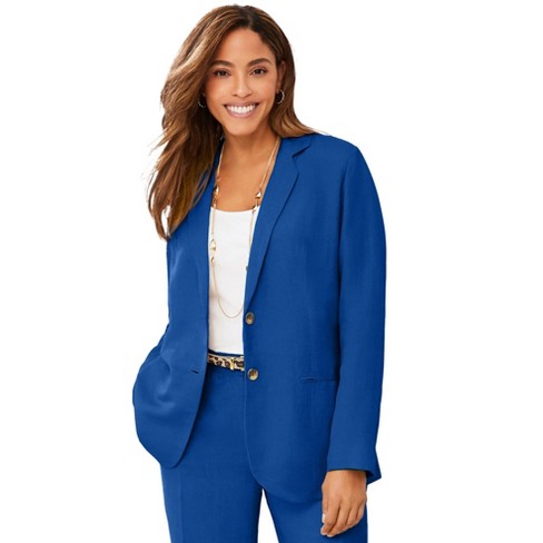 Jessica London Women's Plus Size Casual Long Sleeve Linen Blazer Jacket  With Pockets - 22 W, Dark Sapphire Blue : Target
