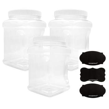 Cornucopia Brands 64oz Square 1/2 Gallon Plastic Canisters, 3pk, 2QT Capacity Clear Jars w/ Lids & Chalk Labels