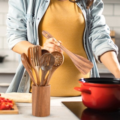 Deluxe 9-Piece Natural Wood Cooking Utensils Set with Holder