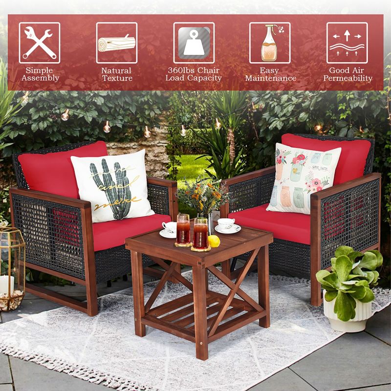 Costway 3PCS Patio Wicker Furniture Set Solid Wood Frame Cushion Sofa w/ Square Table Shelf, 5 of 11