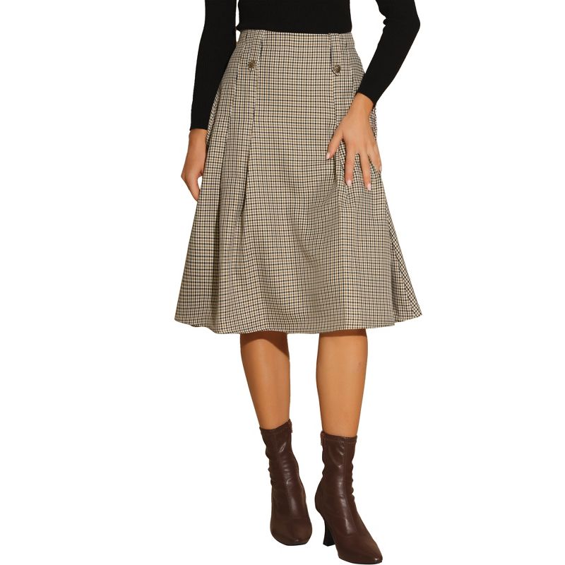 Allegra K Women's Vintage Plaid High Waist Pleated A-Line Midi Skirt, 1 of 7