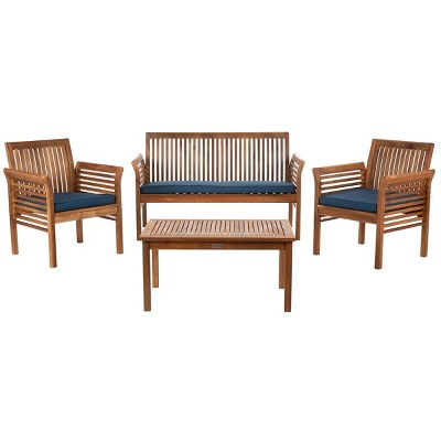 Carson 4-Piece Natural Acacia Outdoor Set with Navy Cushions