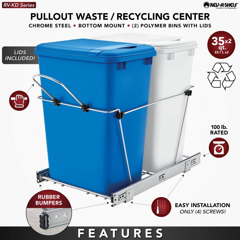 Rev-A-Shelf RV-18KD Series 35-Quart Kitchen Cabinet Pullout Waste Container, 4 of 8