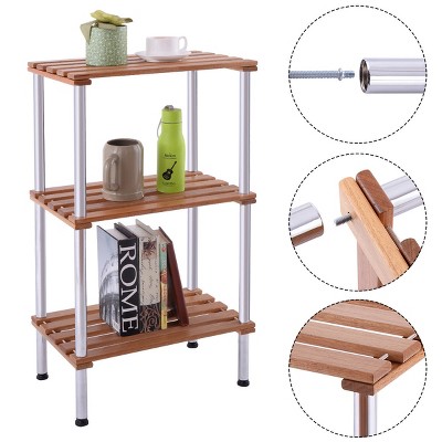 Costway 3 Tiers Wood Slat Storage Display Rack Shelves Steel Frame Home Office Furniture