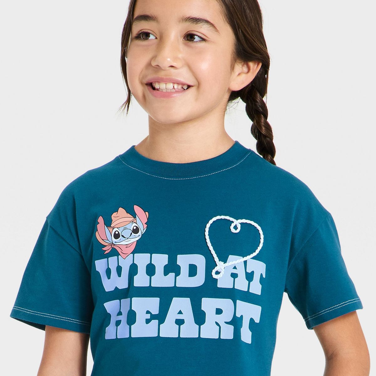 Girls' 4th of July Disney Stitch Cowboy "Wild at Heart" Oversized Short Sleeve Graphic T-Shirt - Blue - thumbnail 2