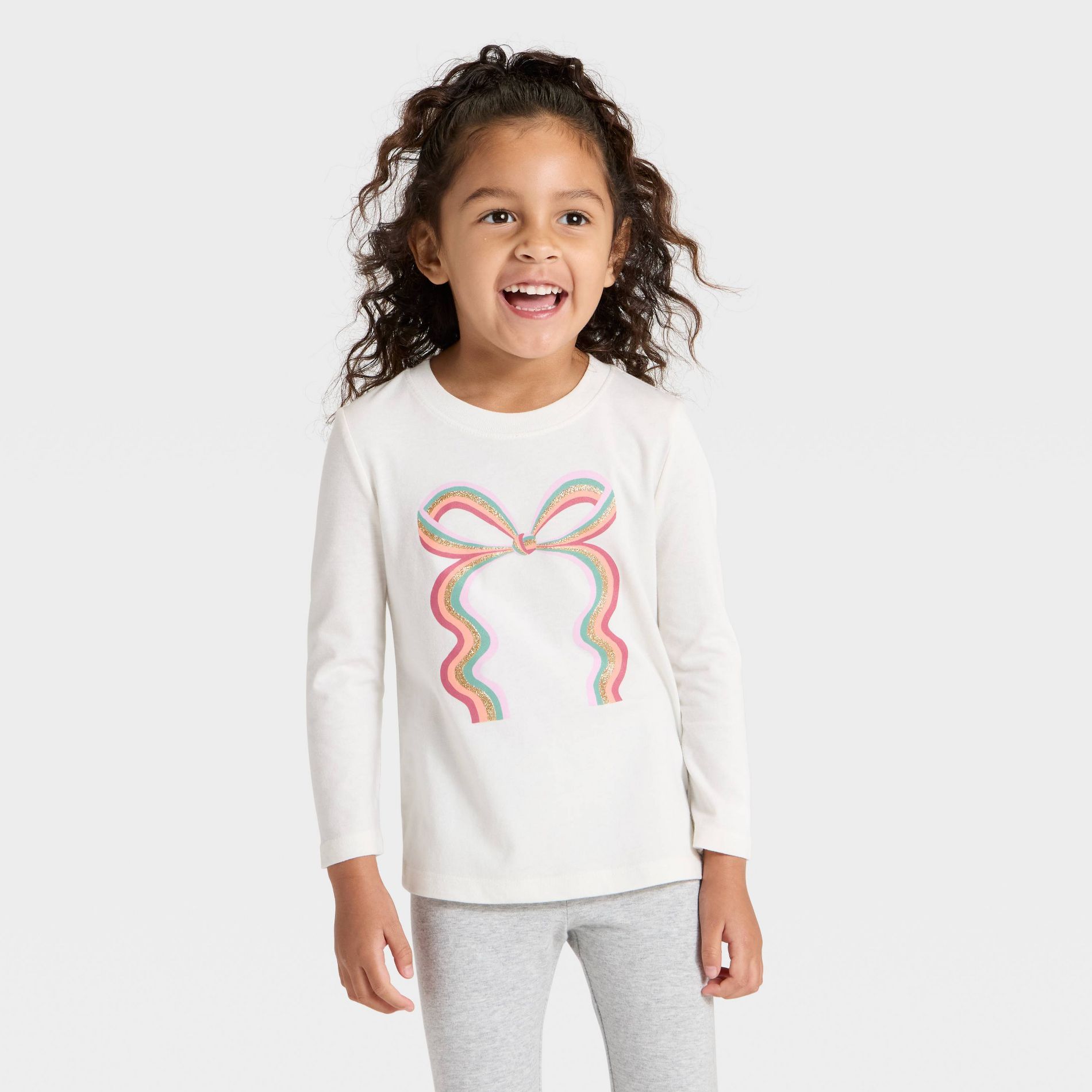 Toddler Girls' Long Sleeve Rainbow Bow Graphic Shirt - Cat & Jack™ Cream 5T