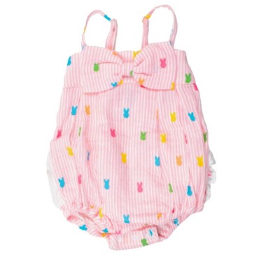 Image of RuffleButts Baby/Toddler Girls Cotton Gauze Bow Front Bubble Woven Romper - Pink Bunny Stripe, 12-18m