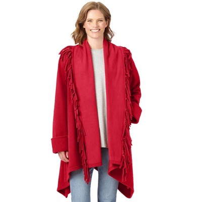 Woman Within Women's Plus Size Fringed Shawl Collar Fleece Jacket