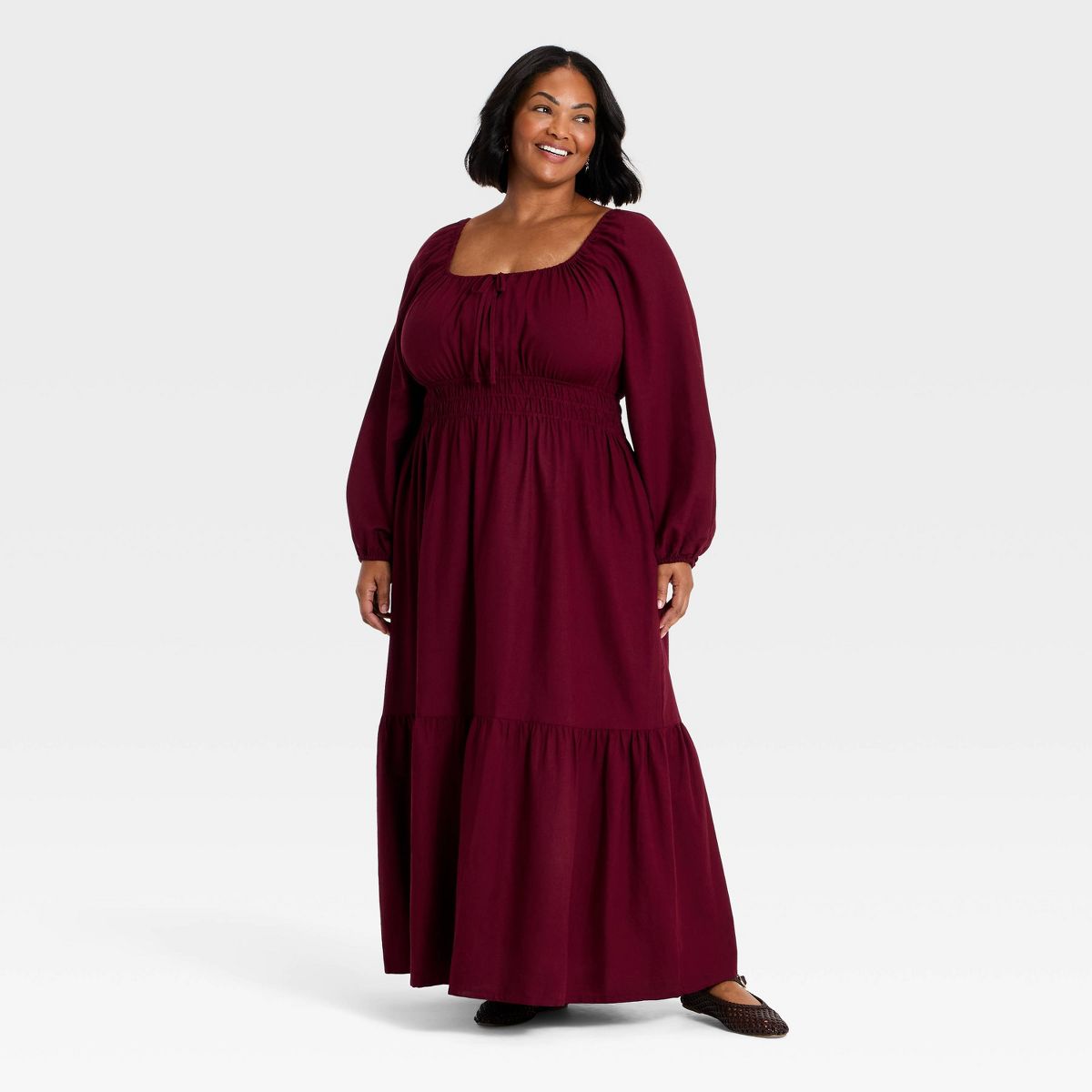 Women's Plus Long Sleeve Front Tie Tiered Maxi Dress - Ava & Viv™