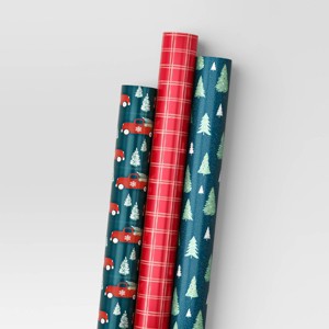 30" 3pk 180 sq ft Christmas Wrap Pack Trucks/Plaid/Trees - Wondershop™ - 1 of 3